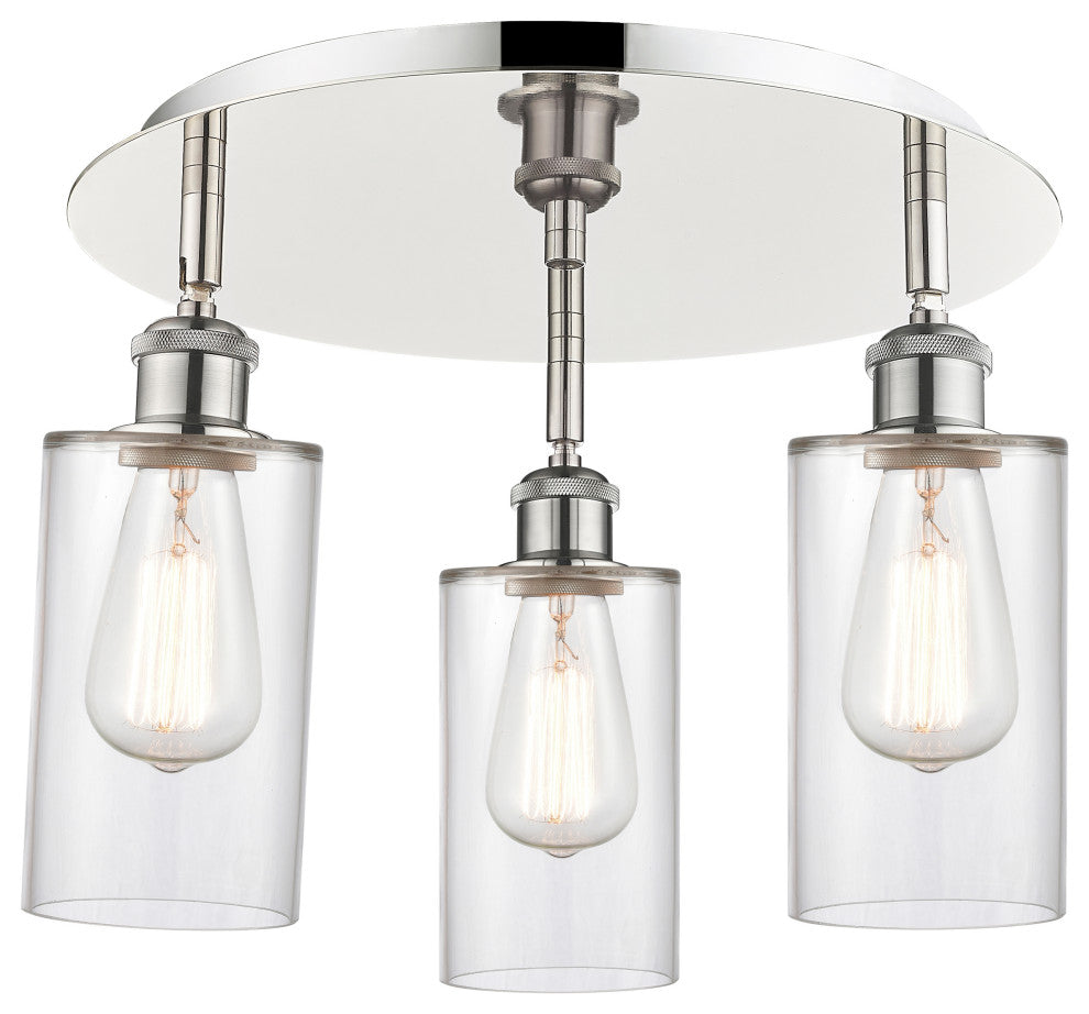 Clymer-3 Light 16" Flush Mount-Polished Nickel, Clear Glass Shade