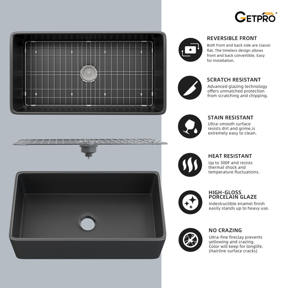 33 inch Black Single Farmhouse Kitchen Sink with Bottom Grid