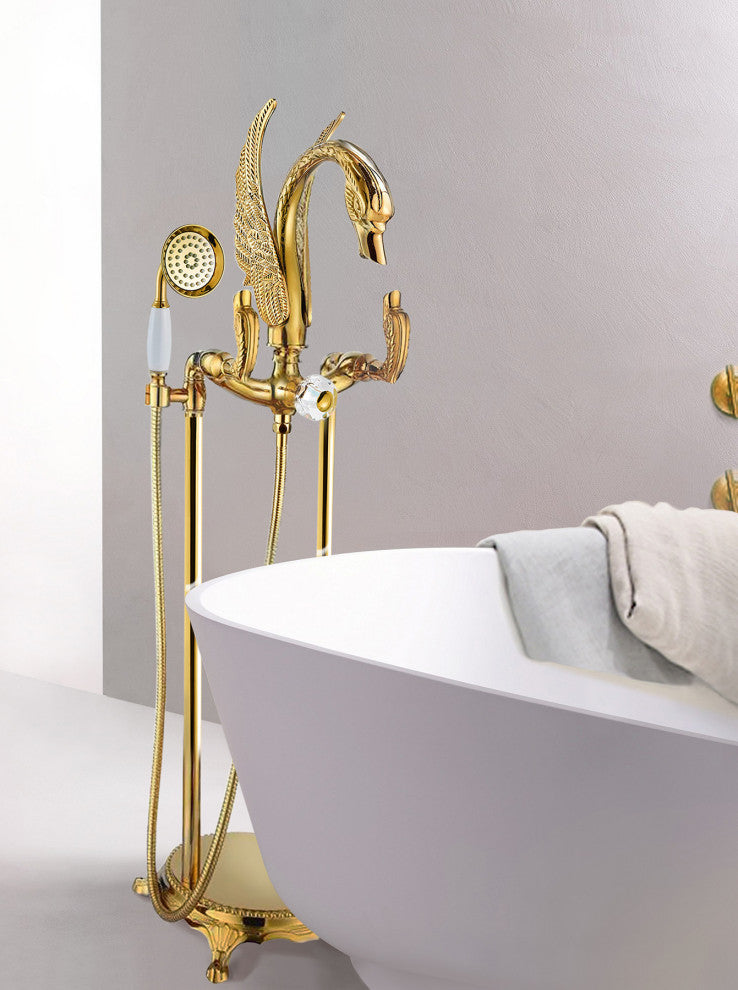 Gold Swan Faucet Set, Floor Mount Tub Set