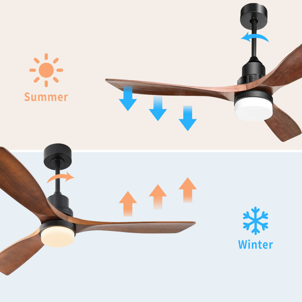 52" Solid Wood Ceiling Fan and Remote Control Reversible Blades, Matte Blck