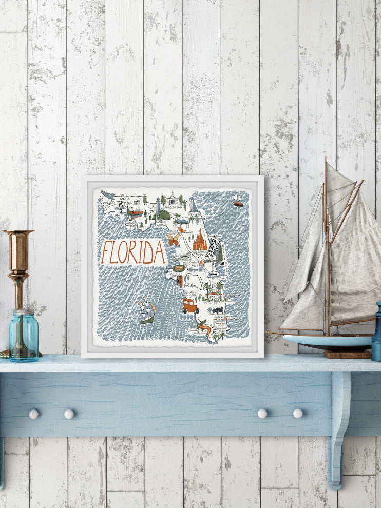 "Florida Illustrated Map II" Framed Painting Print, 24x24