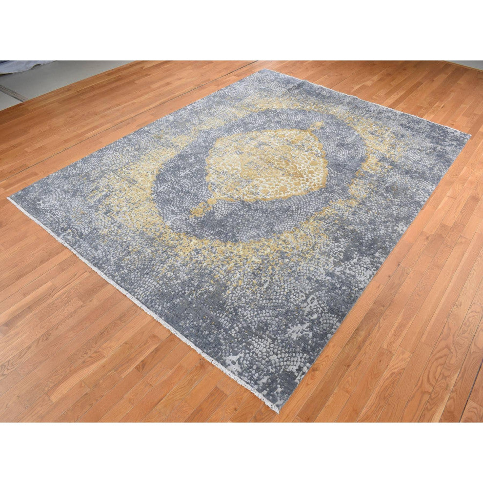 Carbon Gray Persian Medallion Design Wool and Silk Hand Knotted Rug 9'x11'10"