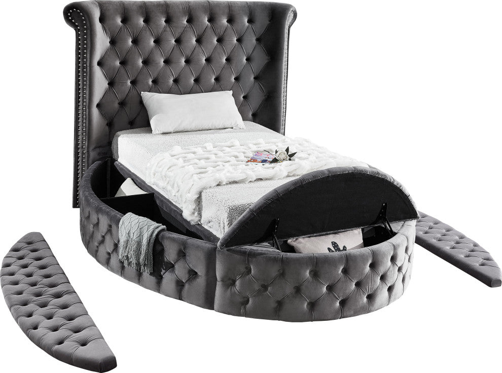 Luxus Button Tufted Velvet Round Bed, Gray, Twin