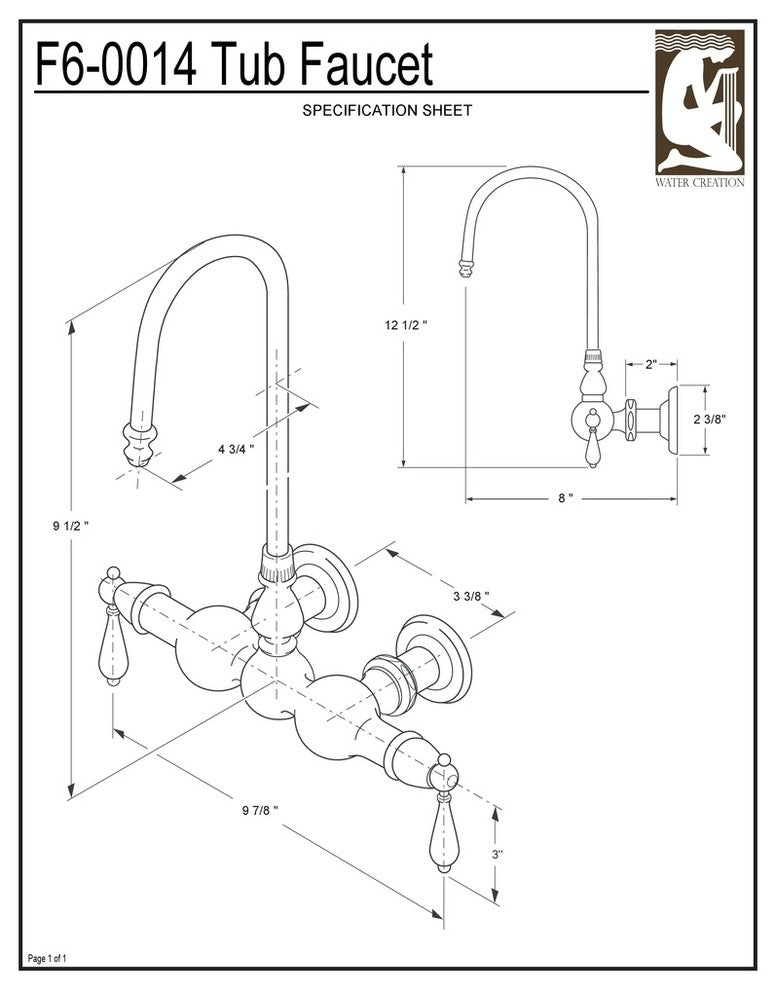 Vintage 3-3/8" Center Wall Mount Tub Faucet & Straigght Connector, Lever handles