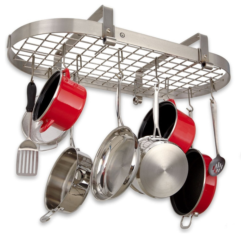 Handcrafted 37" Low Ceiling Oval Pot Rack w 18 Hooks Stainless Steel