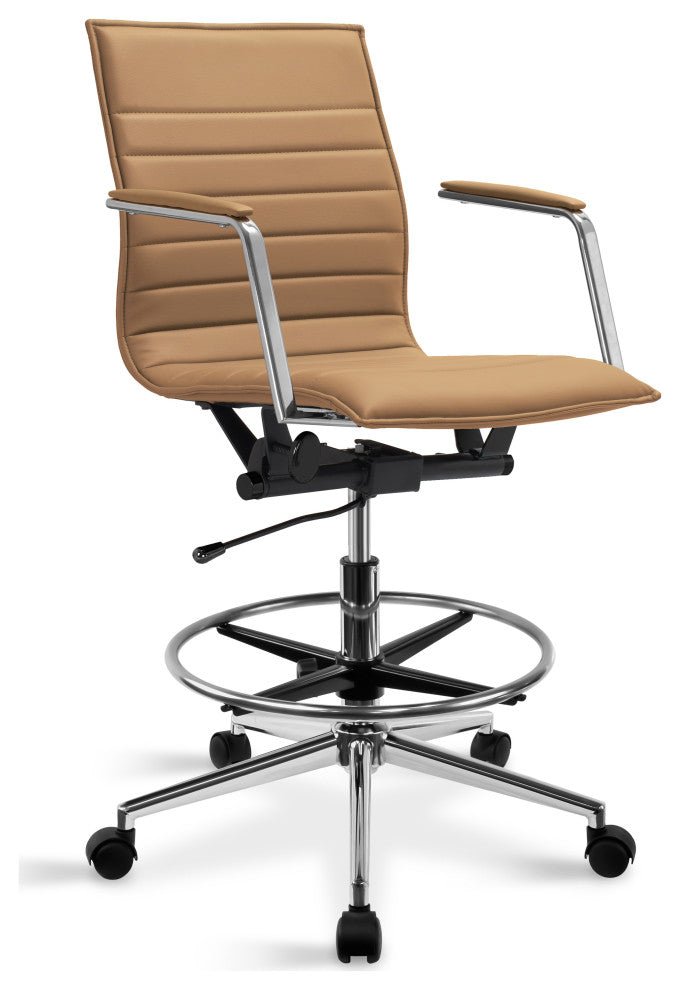 Drafting Chair Upholstered PU Leather Ribbed Mid Back Swivel Armchair, Tan