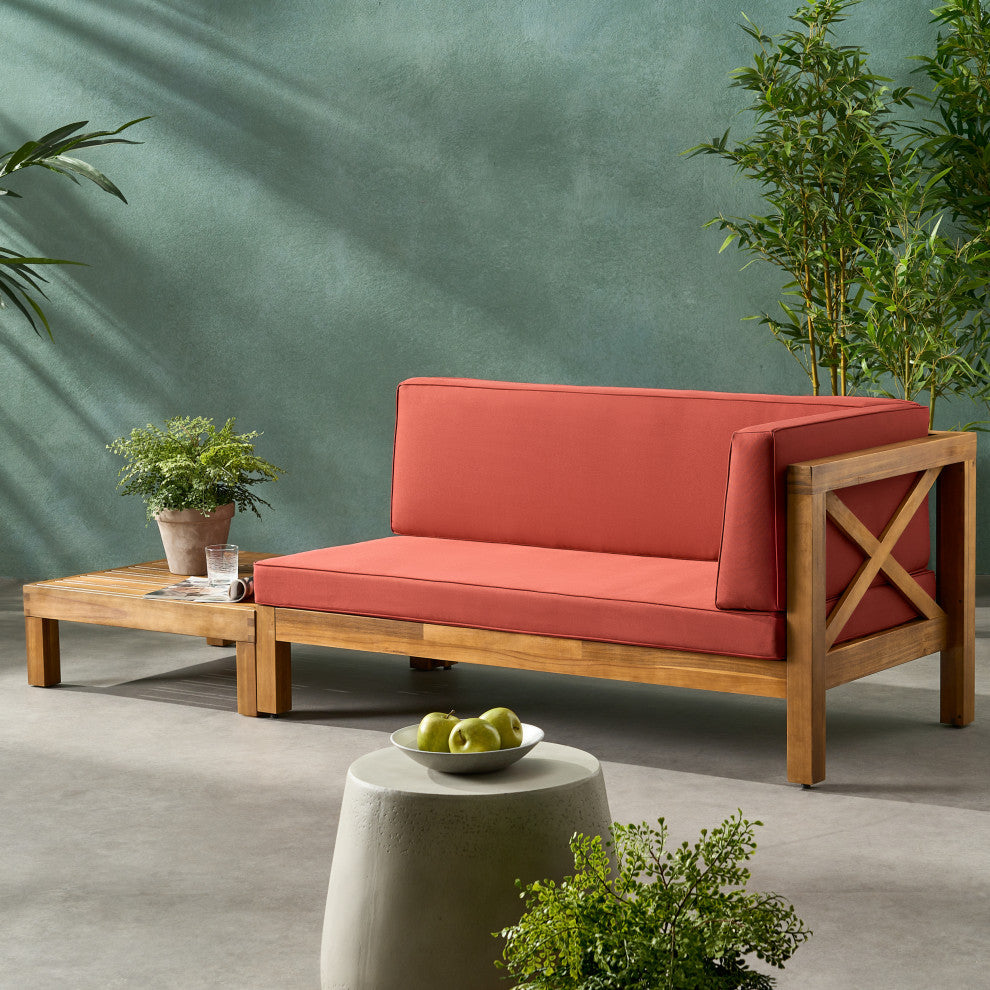 Keith Outdoor Right Arm Loveseat and Coffee Table Set, Red/Teak