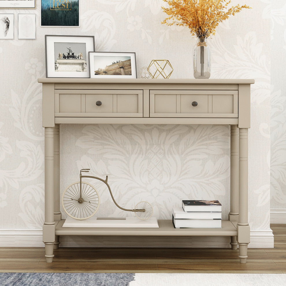 TATEUS Espresso Finish Solid Wood Console Table With Drawers, Antique Gray
