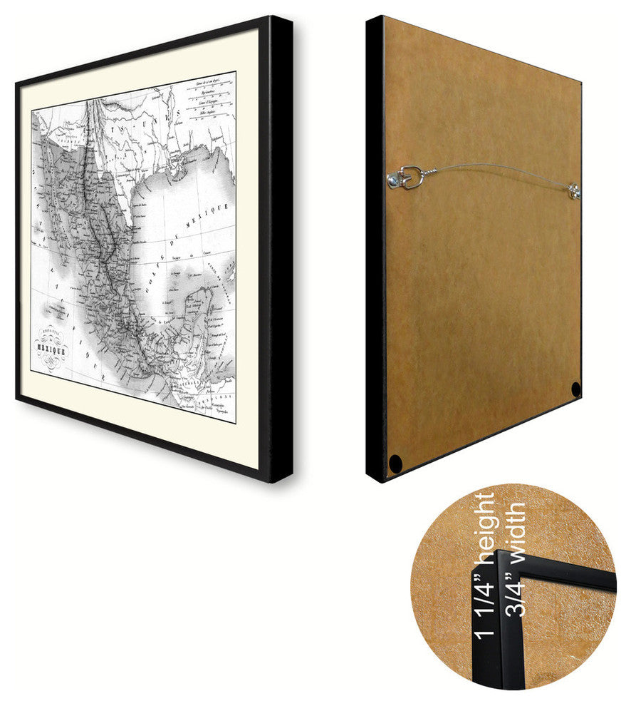 Mexico Vintage Map Print On Canvas With Black Custom Frame, 28" X 37"