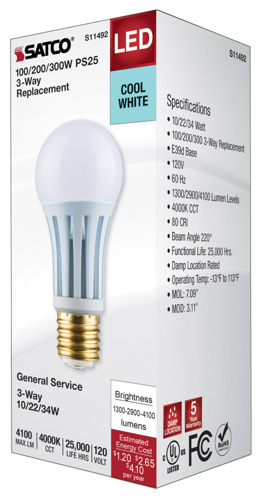 10/22/34W PS25 LED Three-Way Lamp, E39d Mogul Base, 4000K, White Finish, 120