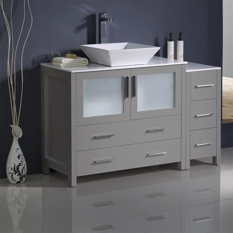 Torino Modern Bathroom Cabinets With Top and Vessel Sink, Gray, 48"