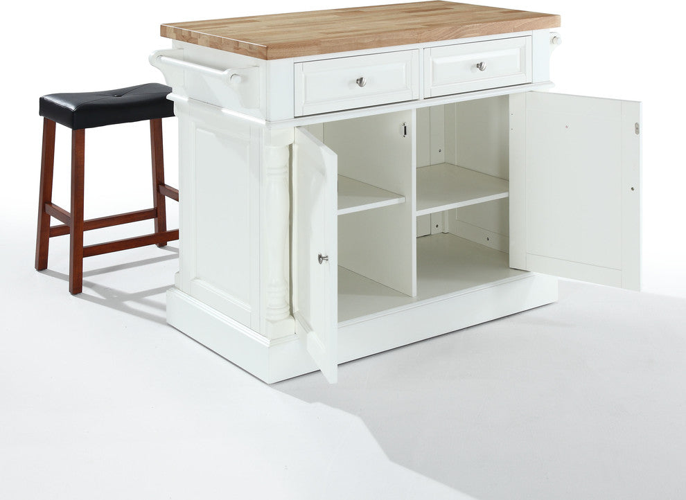Butcher Block Top Kitchen Island, White Finish With 24" Black Upholstered Sadd