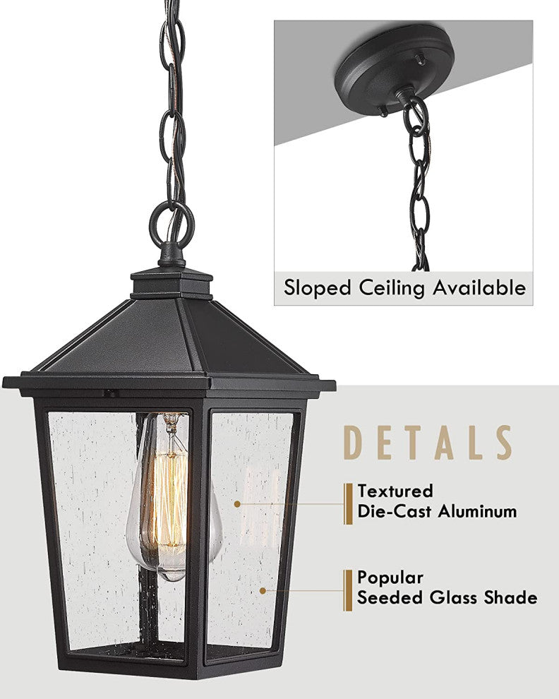 Farmhouse Exterior Hanging Porch Light, Black Chandelier, Seeded Glass Shade