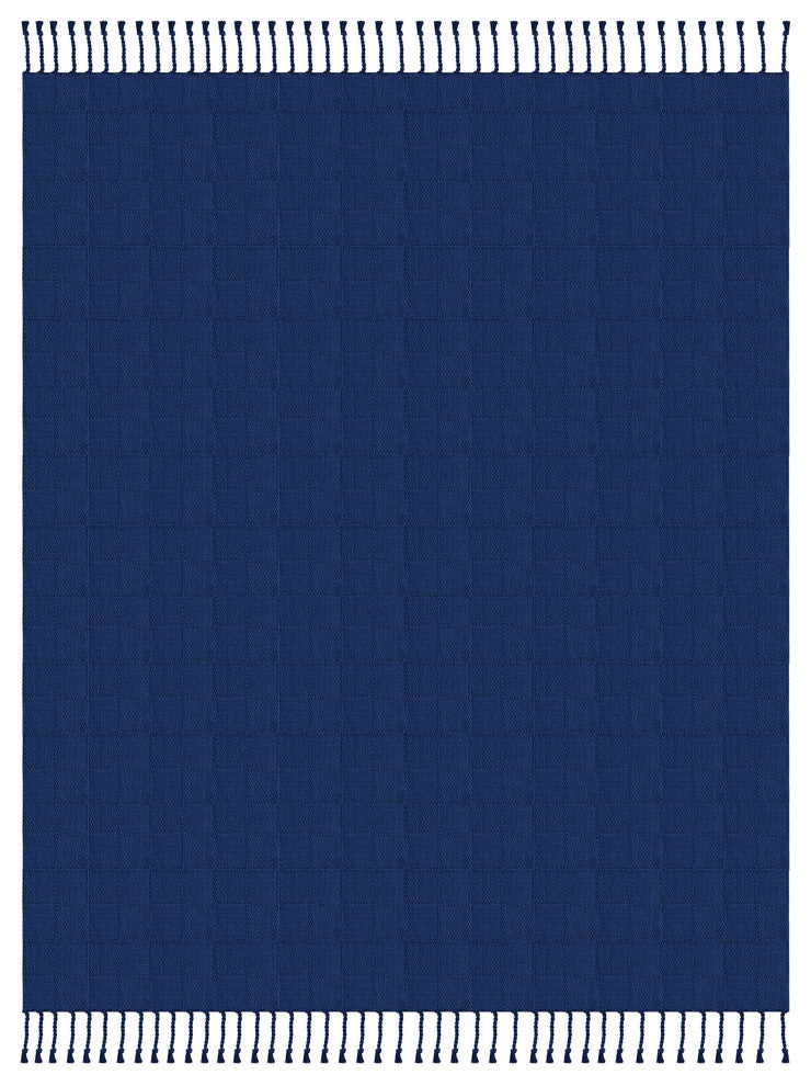 Checkered Weave Throw Blanket with Fringe, Navy Blue