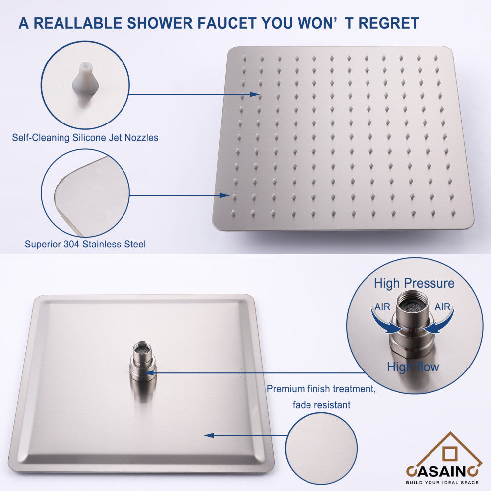 CASAINC 12" Ceiling Mounted Modern Waterfall Shower System Set, Brushed Nickel