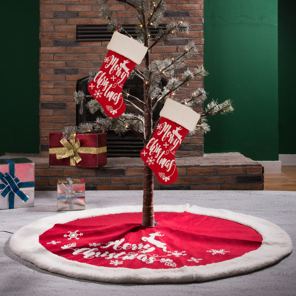 Set of 3 Fabric Christmas Decoration, Stocking and Tree Skirt