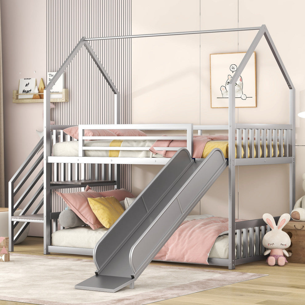 Gewnee Twin over Twin Metal Bunk Bed House Bed with Slide and Staircase