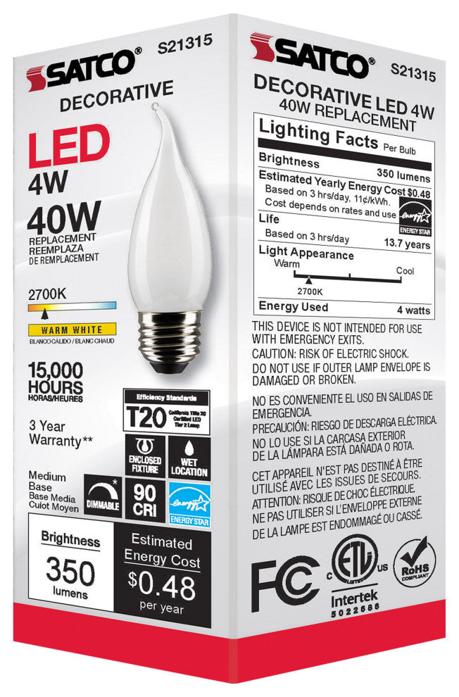 4W CA10 LED, Frost, Medium Base, 90 CRI, 2700K, 120V