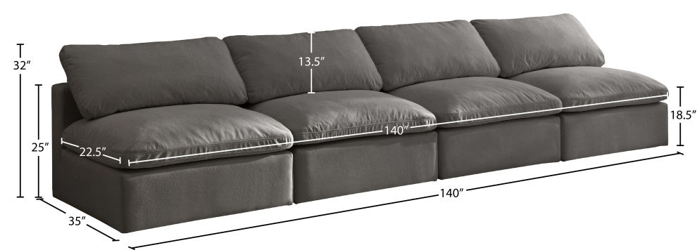 Plush Velvet / Down Standard Comfort Modular Sofa, Gray, 4-Piece: 4 Armless Chair