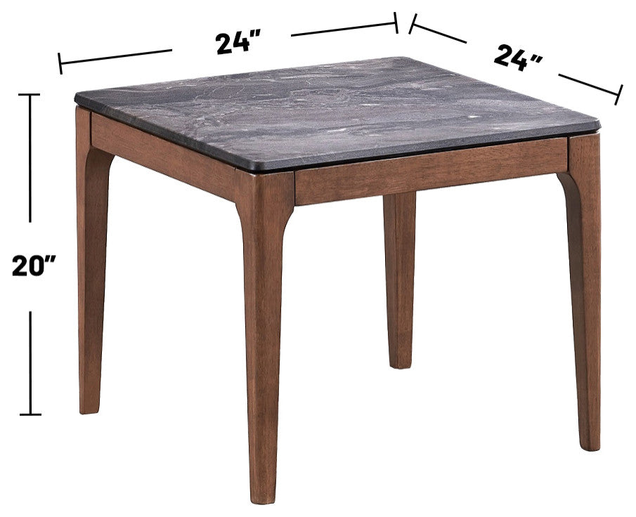 Engineering Marble Grain End Table With Wooden Legs, Walnut