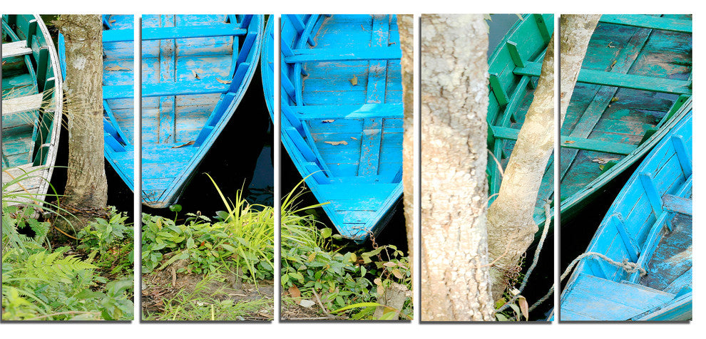Blue Boats on Lake Phewa, Boat Canvas Art Print, 60"x28", 5 Panels