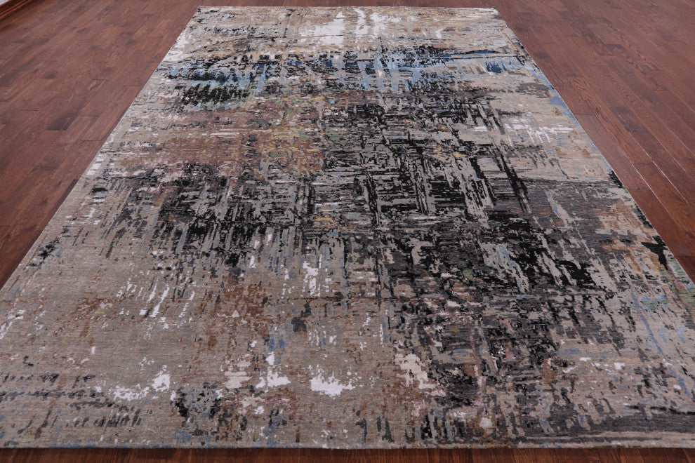 9' 1" X 12' 2" Wool and Silk Abstract Handmade Rug Q8548