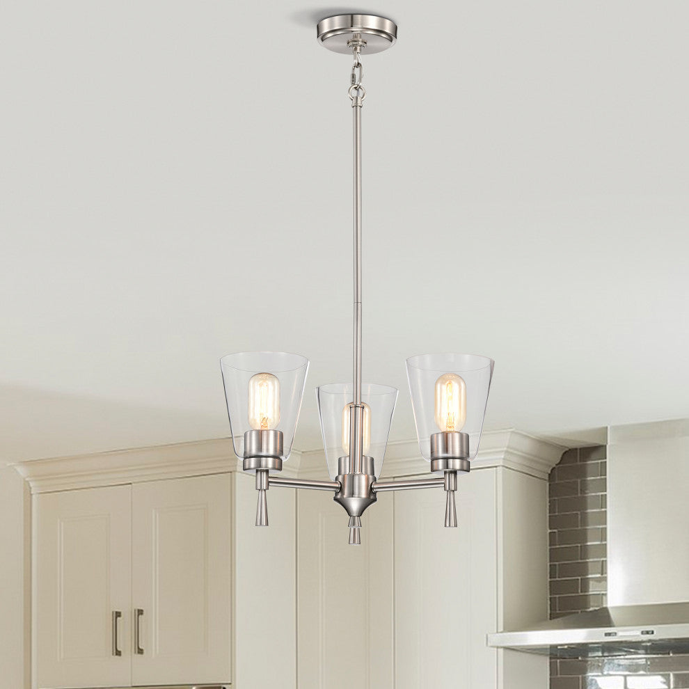 3-Light Brushed Nickel Modern Chandelier With Clear Cone Glass Shades