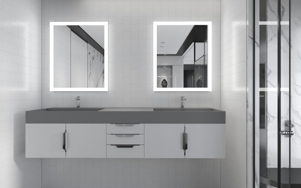 CastelloUSA Amazon 84" Wall Mounted Bathroom Vanity Set, White, Gray Top, Brushed Nickel