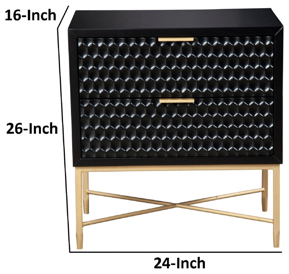 Benzara BM284258 Rexi 26" 2 Drawer Nightstand, Honeycomb Wood, Black, Gold