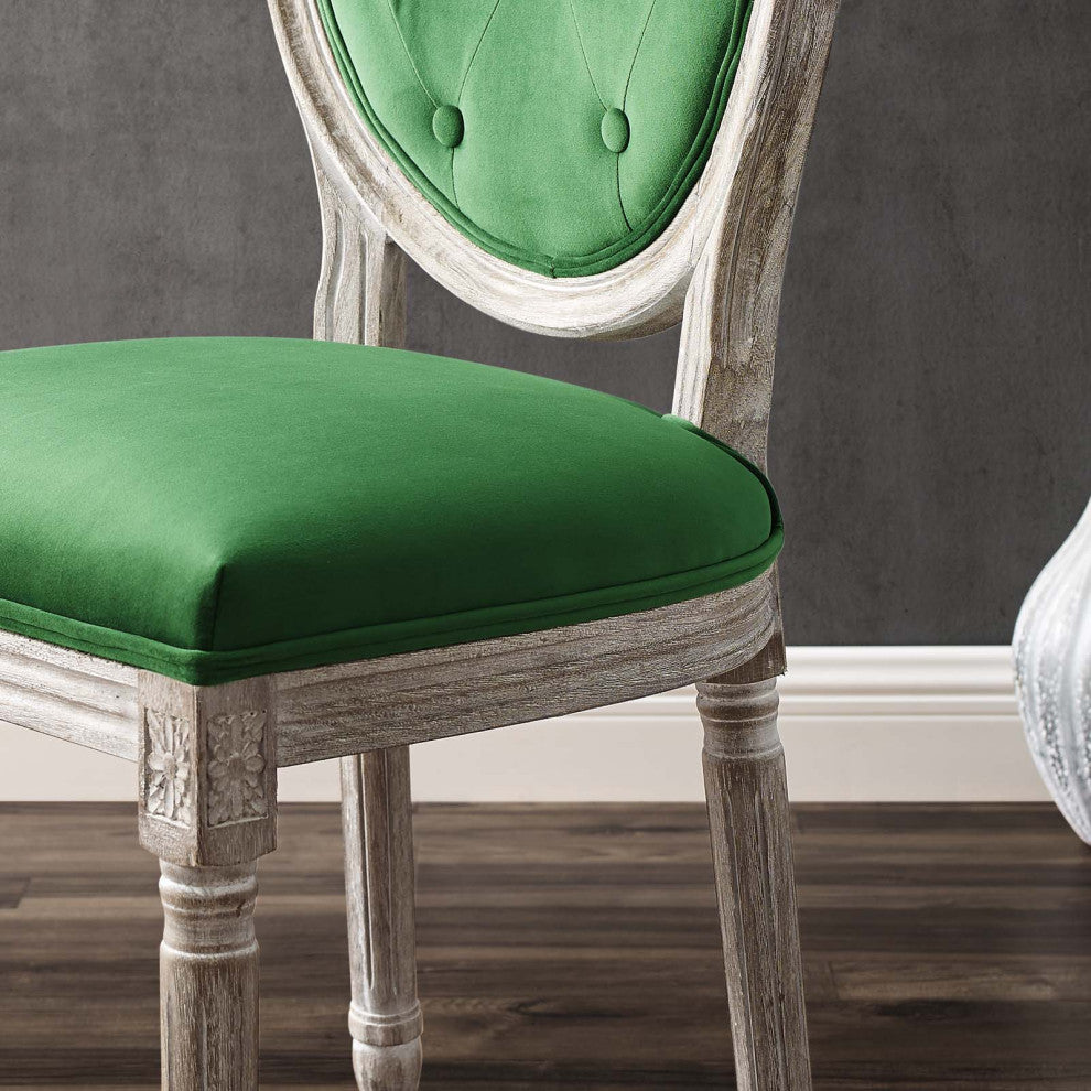 French Vintage Side Dining Chair, Velvet, Wood, Brown Natural Green, Modern