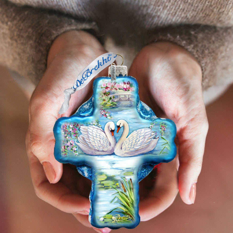 Love of Swans Cross Glass Ornament