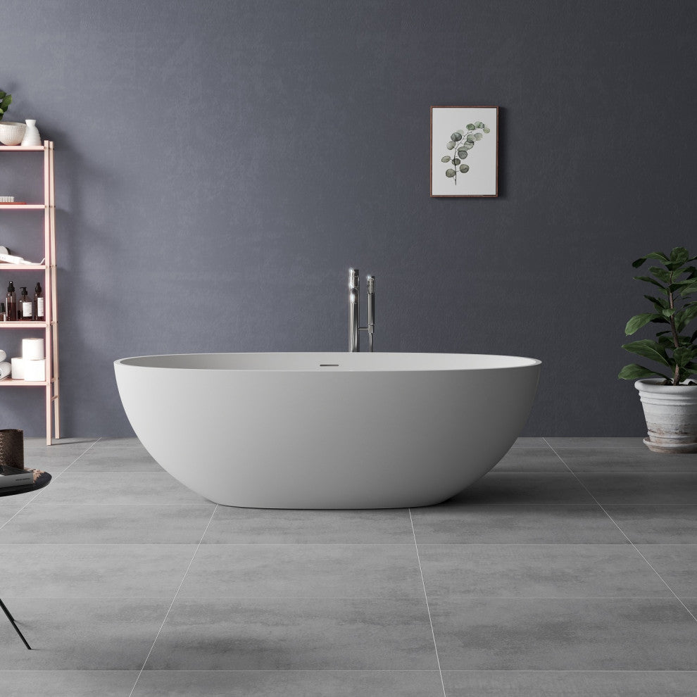 69" Solid Surface Freestanding Non-Whirlpool Soaking Bathtub, White