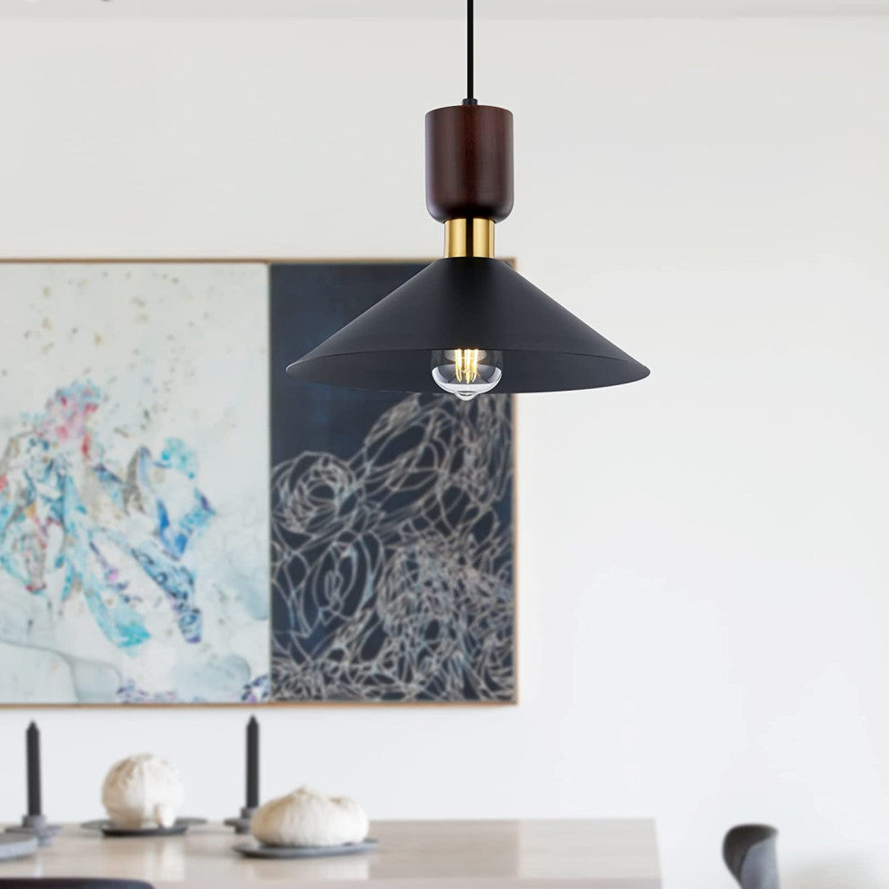 Vintage Wood Pendant Lighting Fixture Black Hanging Lamp for Kitchen