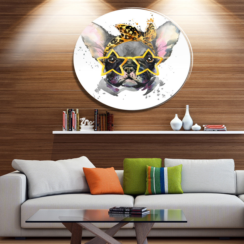 French Bulldog With Star Glasses, Animal Round Metal Wall Art, 23"