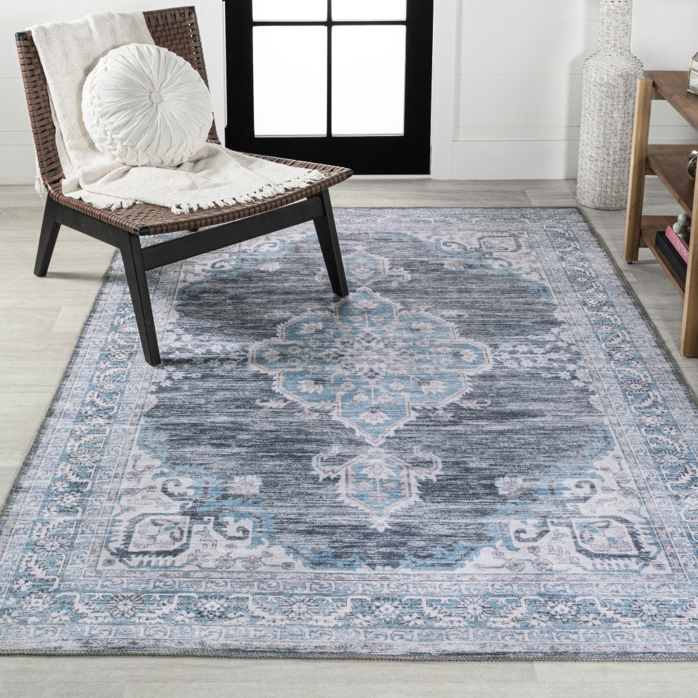 Wincer Chenille Cottage Medallion Washable Rug, Gray/Blue/White, 8 X 10