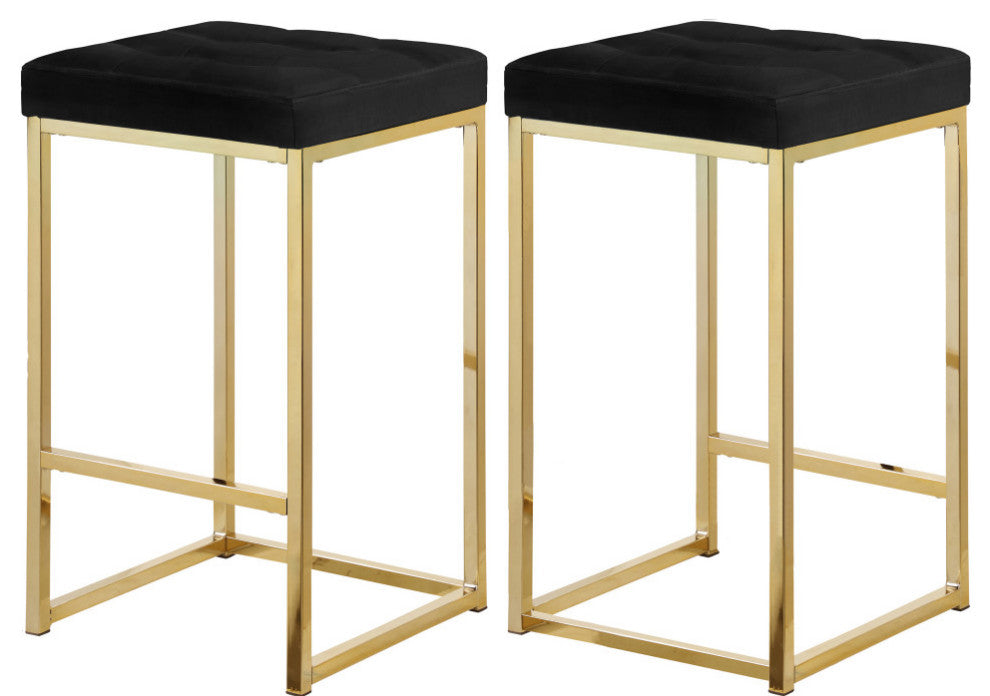 Nicola Counter Stool, Set of 2, Black, Velvet, Gold Base