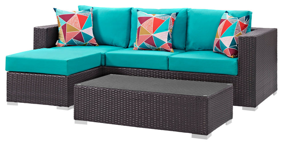 Lounge Sectional Sofa and Table Set, Rattan, Wicker, Dark Brown Blue, Outdoor