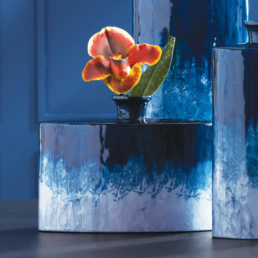 Enameled Modern Blue Iron Flat Flask Vase Ombre Bottle Contemporary Coastal
