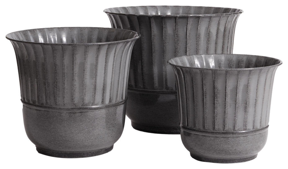 Classic Set of 3 Ribbed Metal Planters Gray 14 in Elegant Outdoor Safe