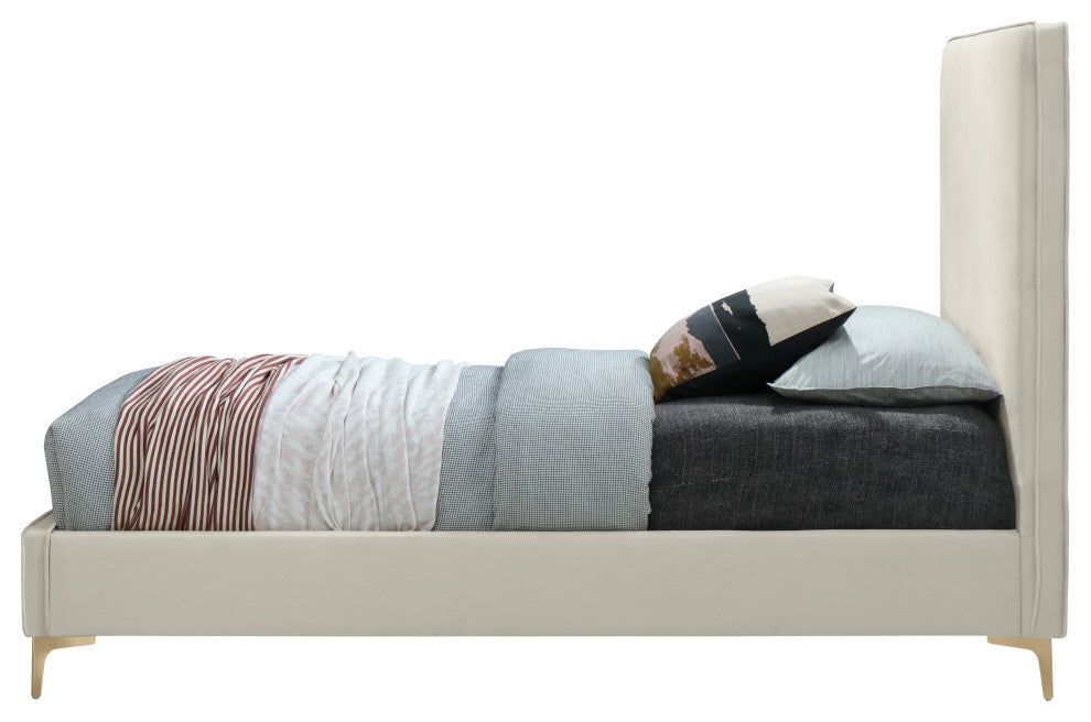 Geri Velvet Upholstered Bed, Cream, Queen