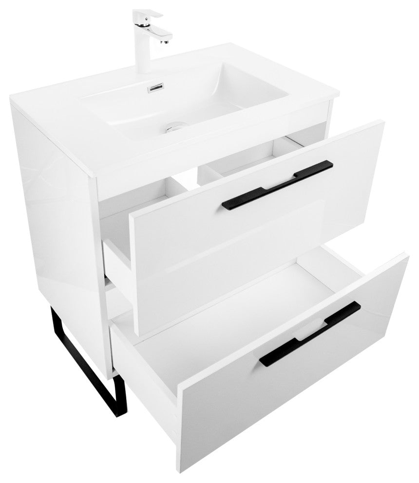 Free-Standing Single Bathroom Vanity, Acrylic Top, White High Gloss, 30"