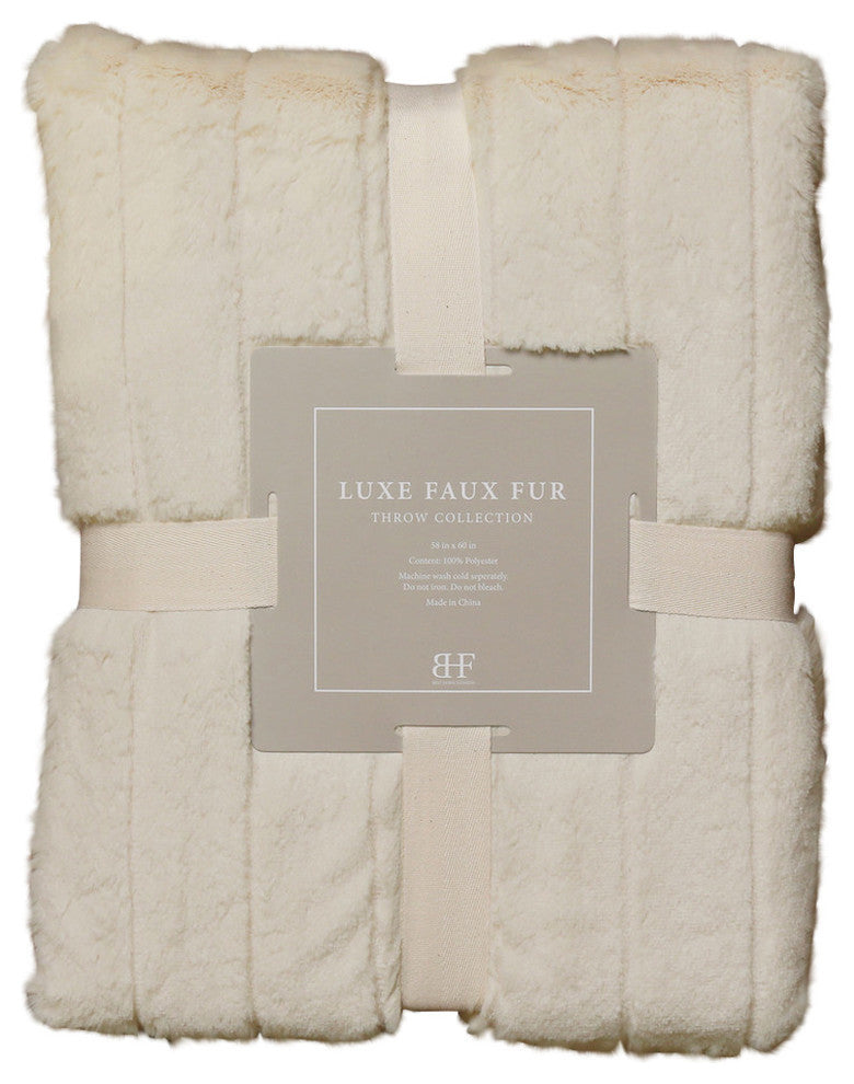 Luxe Mink Pom Pom Faux Fur Throw Blanket, Cream