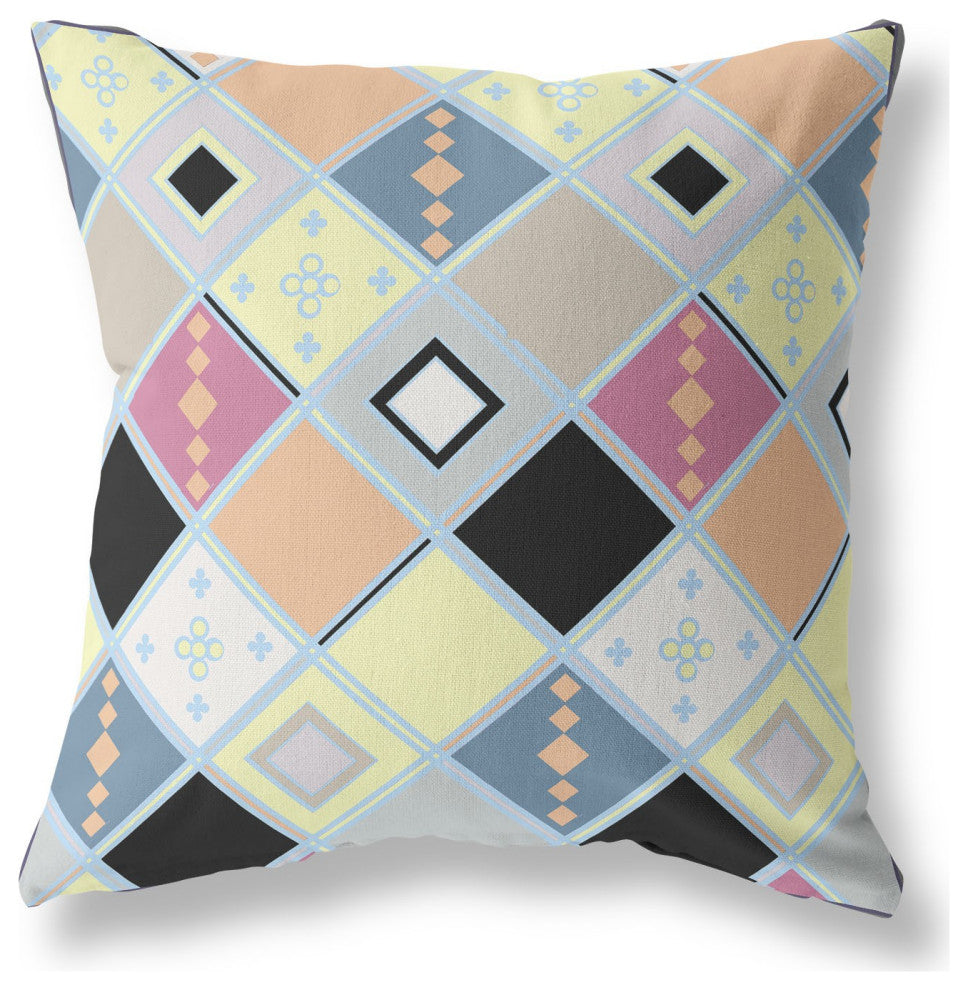 20" Yellow Pink Tile Indoor Outdoor Zippered Throw Pillow