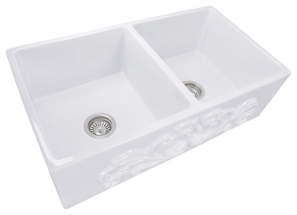 Nantucket Sinks FCFS3318D-Filigree 33 in. Double Bowl Farmhouse Fireclay Sink