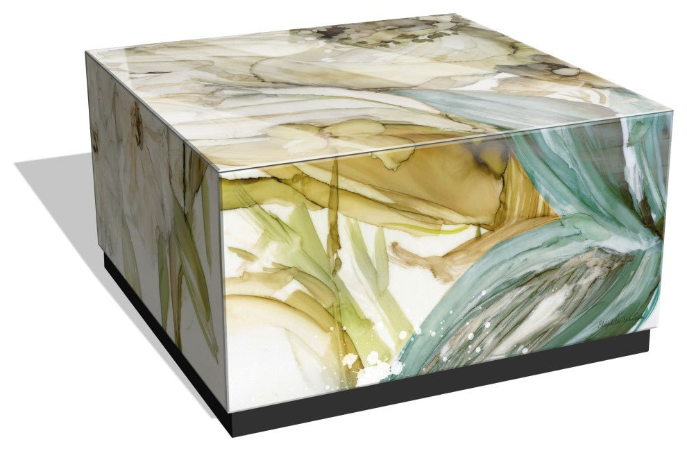 "Seaglass Garden II" Reverse Printed Glass Cocktail Table with Black Plinth Base