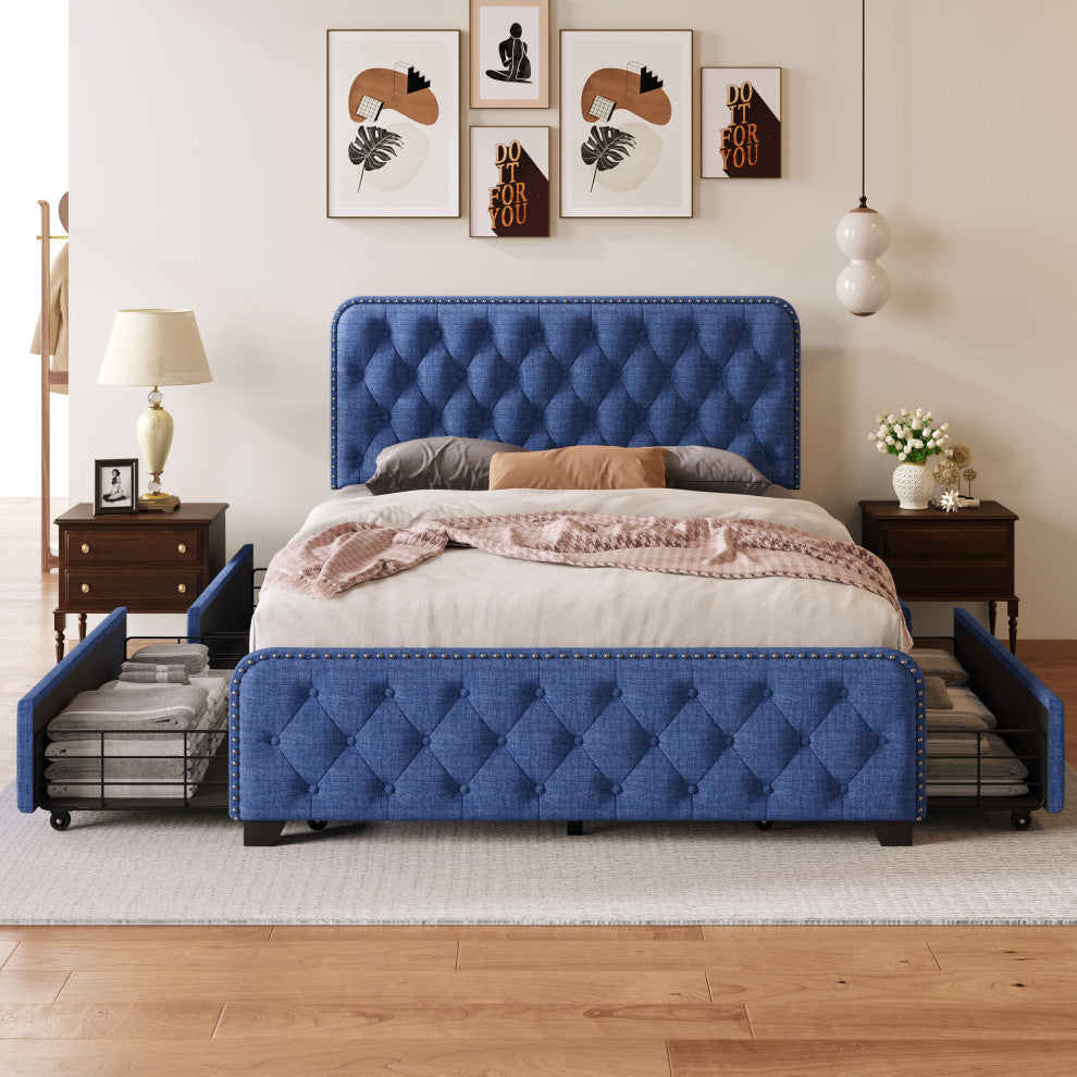 Metal Platform Bed with Headboard, Upholstered and 4-Drawer, Blue, 78.7" X 58.3"