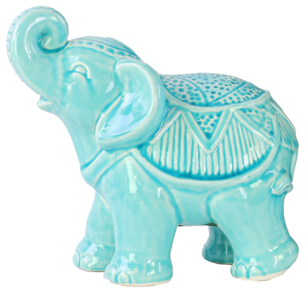 Ceramic Standing Trumpeting Ceremonial Elephant Figurine, Blue