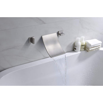 Brushed Nickel Wall Tub Filler with High Flow Waterfall Design and Two Handles, Brushed Nickel