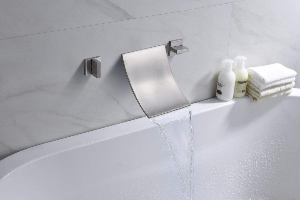 Brushed Nickel Wall Tub Filler with High Flow Waterfall Design and Two Handles, Brushed Nickel