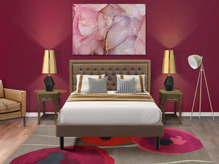 3Pc Bed Set, 1 Bed Frame Brown Padded, 2 Nightstand, Wooden Drawer